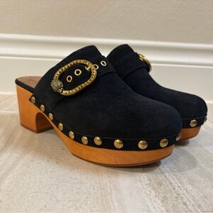 Kurt Geiger - Black Suede Clogs with Gold Accents US 8.5